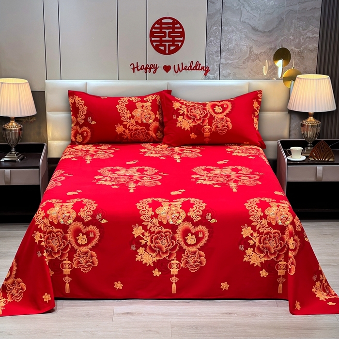 91家纺网 家纺一手货源 找家纺 居美良品 2025新款婚庆100全棉纯棉大红磨毛四件套 福星高照