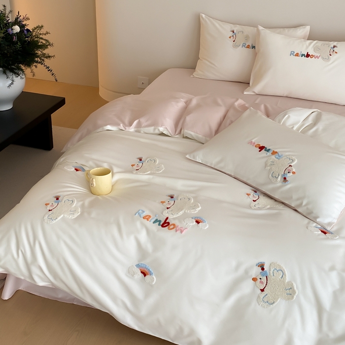91家纺网 家纺一手货源 找家纺 云栖2025全棉刺绣纯色纯棉长绒棉四件套-乐萌系列 WIFI鸽