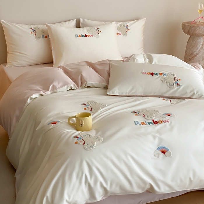 91家纺网 家纺一手货源 找家纺 云栖2025全棉刺绣纯色纯棉长绒棉四件套-乐萌系列 WIFI鸽