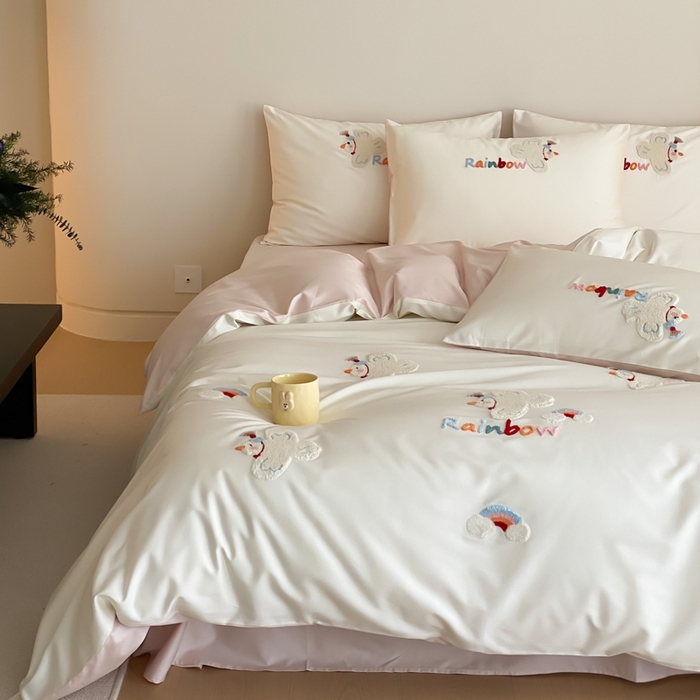 91家纺网 家纺一手货源 找家纺 云栖2025全棉刺绣纯色纯棉长绒棉四件套-乐萌系列 WIFI鸽