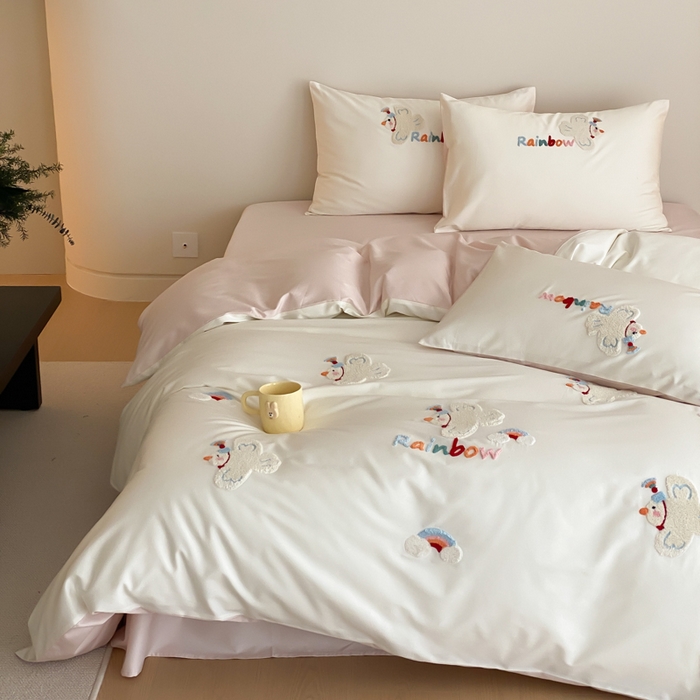 91家纺网 家纺一手货源 找家纺 云栖2025全棉刺绣纯色纯棉长绒棉四件套-乐萌系列 WIFI鸽