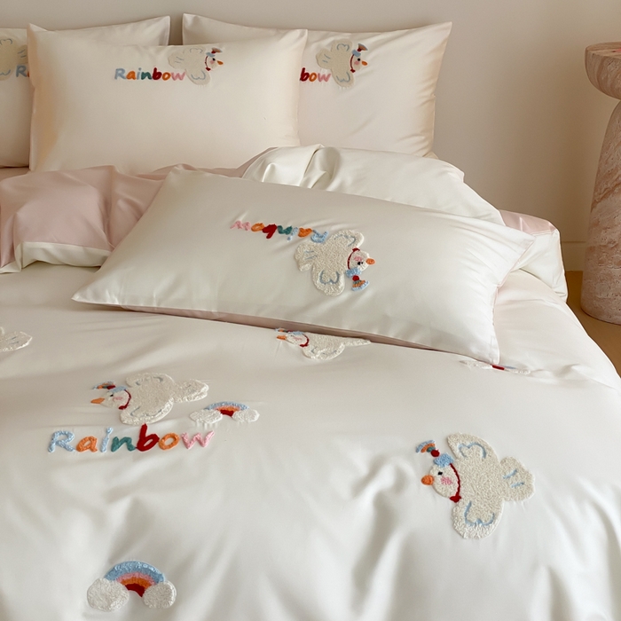 91家纺网 家纺一手货源 找家纺 云栖2025全棉刺绣纯色纯棉长绒棉四件套-乐萌系列 WIFI鸽