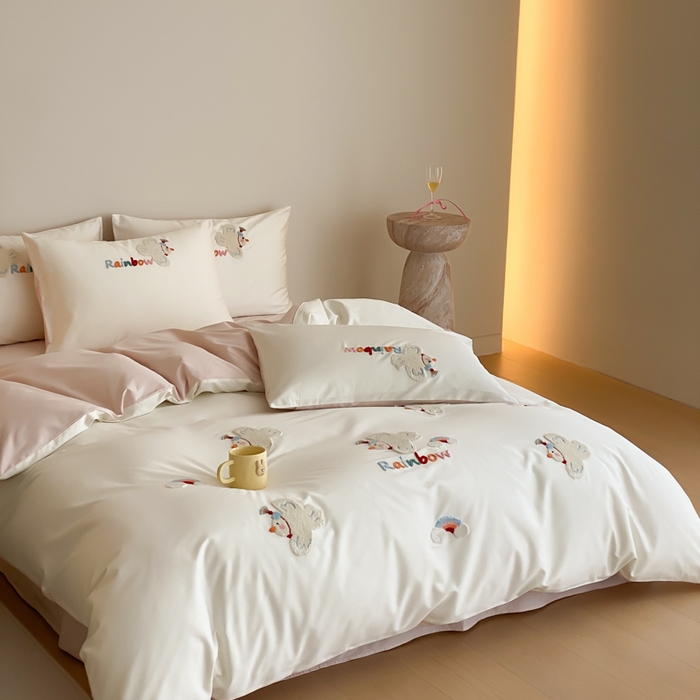 91家纺网 家纺一手货源 找家纺 云栖2025全棉刺绣纯色纯棉长绒棉四件套-乐萌系列 WIFI鸽