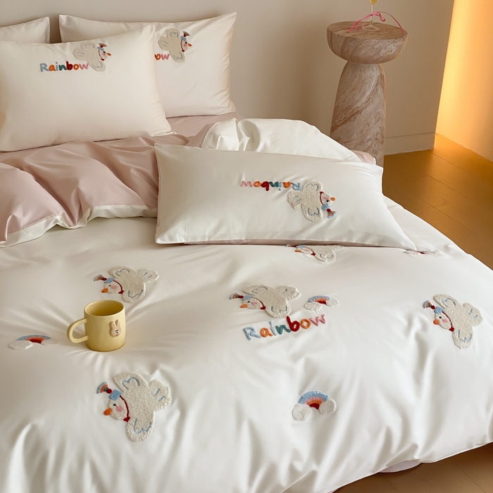 91家纺网 家纺一手货源 找家纺 云栖2025全棉刺绣纯色纯棉长绒棉四件套-乐萌系列 WIFI鸽