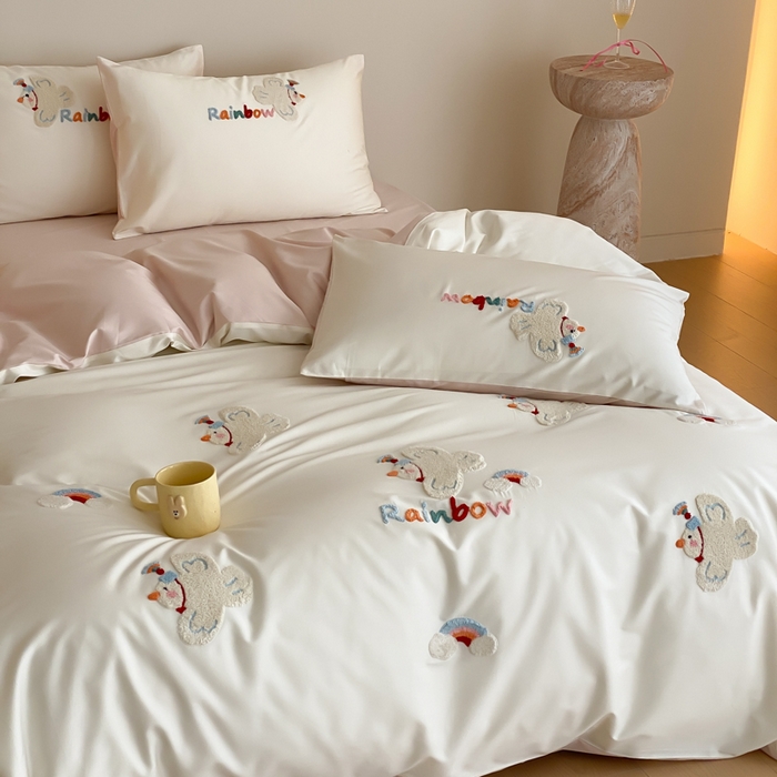 91家纺网 家纺一手货源 找家纺 云栖2025全棉刺绣纯色纯棉长绒棉四件套-乐萌系列 WIFI鸽