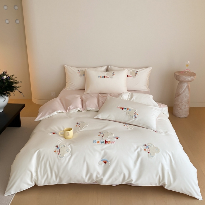 91家纺网 家纺一手货源 找家纺 云栖2025全棉刺绣纯色纯棉长绒棉四件套-乐萌系列 WIFI鸽