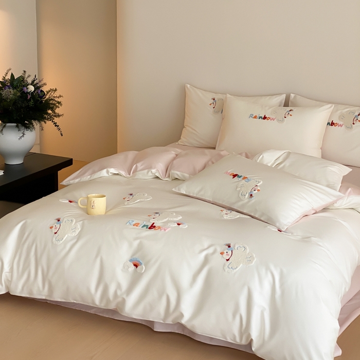 91家纺网 家纺一手货源 找家纺 云栖2025全棉刺绣纯色纯棉长绒棉四件套-乐萌系列 WIFI鸽