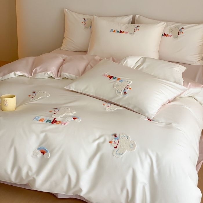 91家纺网 家纺一手货源 找家纺 云栖2025全棉刺绣纯色纯棉长绒棉四件套-乐萌系列 WIFI鸽