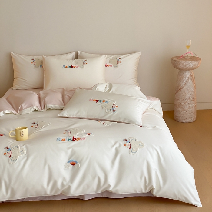 91家纺网 家纺一手货源 找家纺 云栖2025全棉刺绣纯色纯棉长绒棉四件套-乐萌系列 WIFI鸽