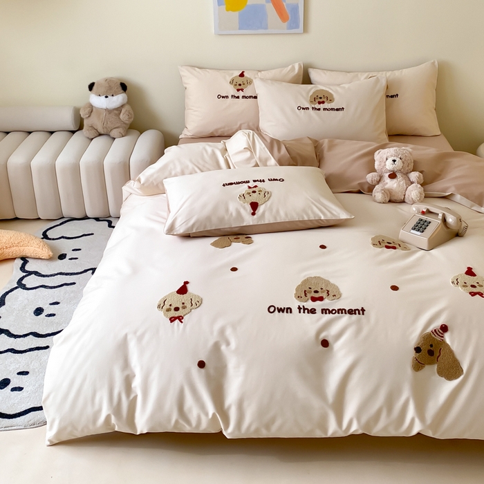 91家纺网 家纺一手货源 找家纺 云栖2025全棉刺绣纯色纯棉长绒棉四件套-乐萌系列 萌萌狗