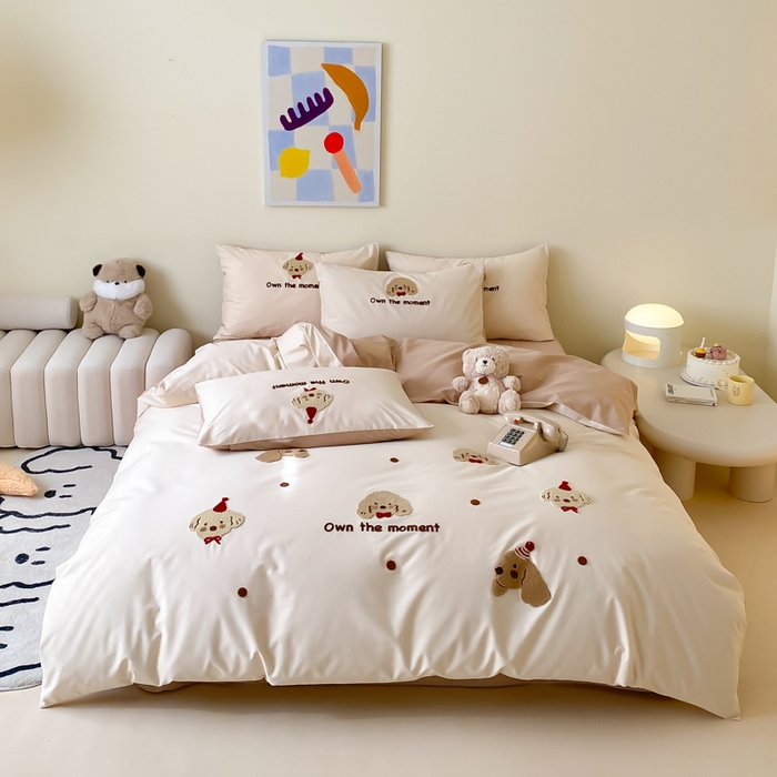 91家纺网 家纺一手货源 找家纺 云栖2025全棉刺绣纯色纯棉长绒棉四件套-乐萌系列 萌萌狗