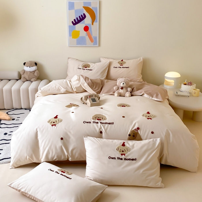 91家纺网 家纺一手货源 找家纺 云栖2025全棉刺绣纯色纯棉长绒棉四件套-乐萌系列 萌萌狗