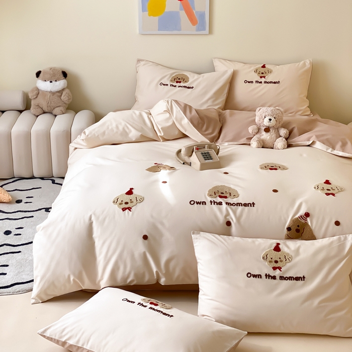 云栖2025全棉刺绣纯色纯棉长绒棉四件套-乐萌系列 萌萌狗