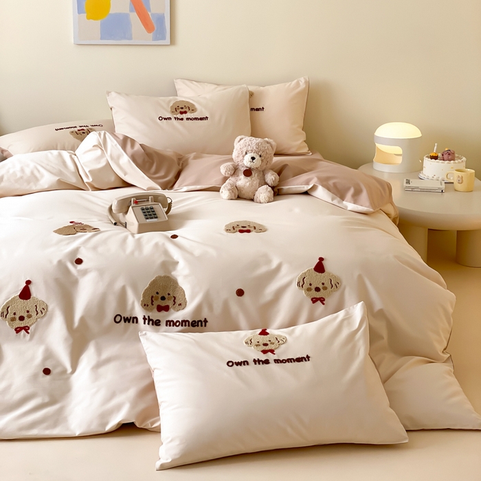 91家纺网 家纺一手货源 找家纺 云栖2025全棉刺绣纯色纯棉长绒棉四件套-乐萌系列 萌萌狗