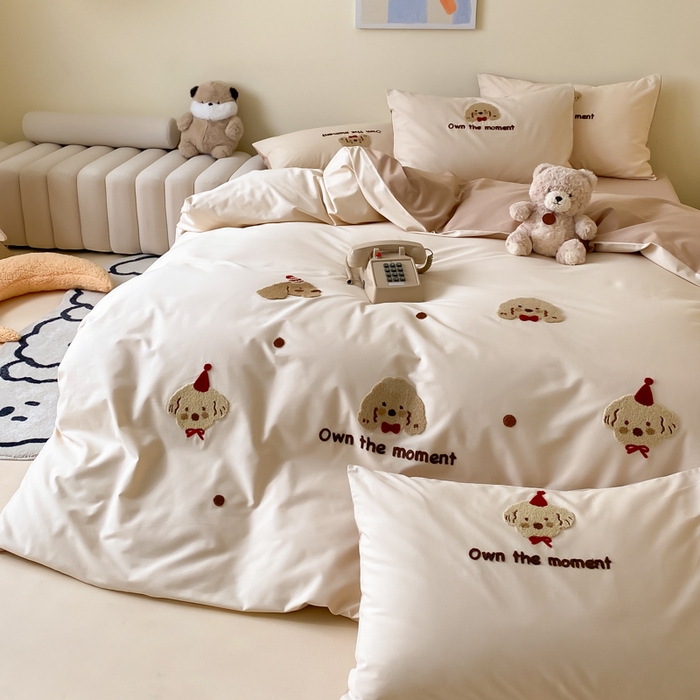 91家纺网 家纺一手货源 找家纺 云栖2025全棉刺绣纯色纯棉长绒棉四件套-乐萌系列 萌萌狗