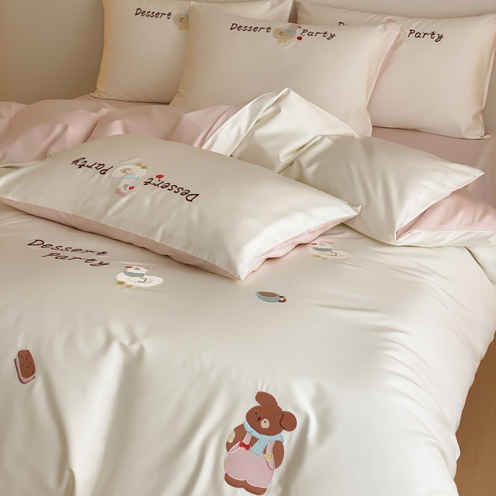 91家纺网 家纺一手货源 找家纺 云栖2025全棉刺绣纯色纯棉长绒棉四件套-乐萌系列 奶油小鸡