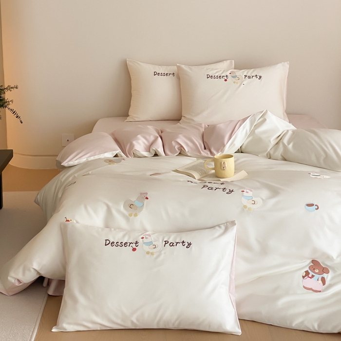 云栖2025全棉刺绣纯色纯棉长绒棉四件套-乐萌系列 奶油小鸡