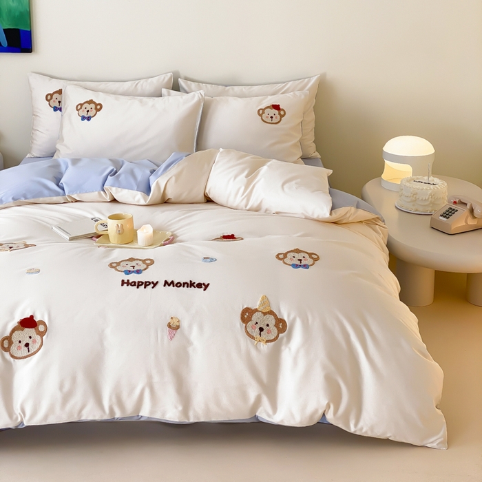 91家纺网 家纺一手货源 找家纺 云栖2025全棉刺绣纯色纯棉长绒棉四件套-乐萌系列 嘻嘻猴