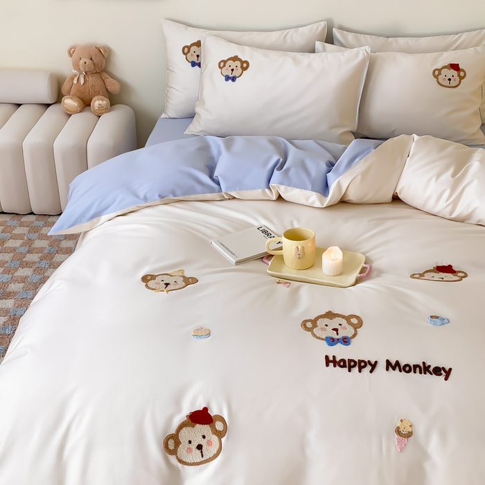 91家纺网 家纺一手货源 找家纺 云栖2025全棉刺绣纯色纯棉长绒棉四件套-乐萌系列 嘻嘻猴