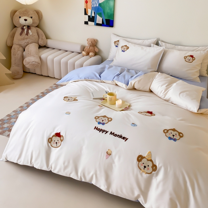 91家纺网 家纺一手货源 找家纺 云栖2025全棉刺绣纯色纯棉长绒棉四件套-乐萌系列 嘻嘻猴