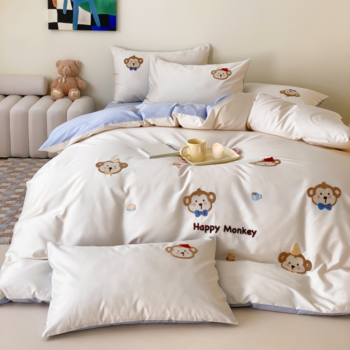 云栖2025全棉刺绣纯色纯棉长绒棉四件套-乐萌系列 嘻嘻猴