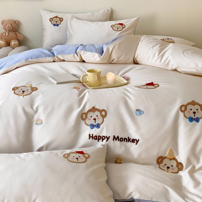 91家纺网 家纺一手货源 找家纺 云栖2025全棉刺绣纯色纯棉长绒棉四件套-乐萌系列 嘻嘻猴