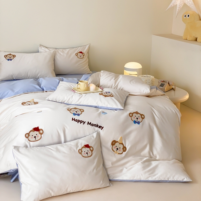 91家纺网 家纺一手货源 找家纺 云栖2025全棉刺绣纯色纯棉长绒棉四件套-乐萌系列 嘻嘻猴