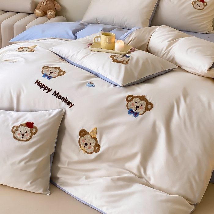 91家纺网 家纺一手货源 找家纺 云栖2025全棉刺绣纯色纯棉长绒棉四件套-乐萌系列 嘻嘻猴