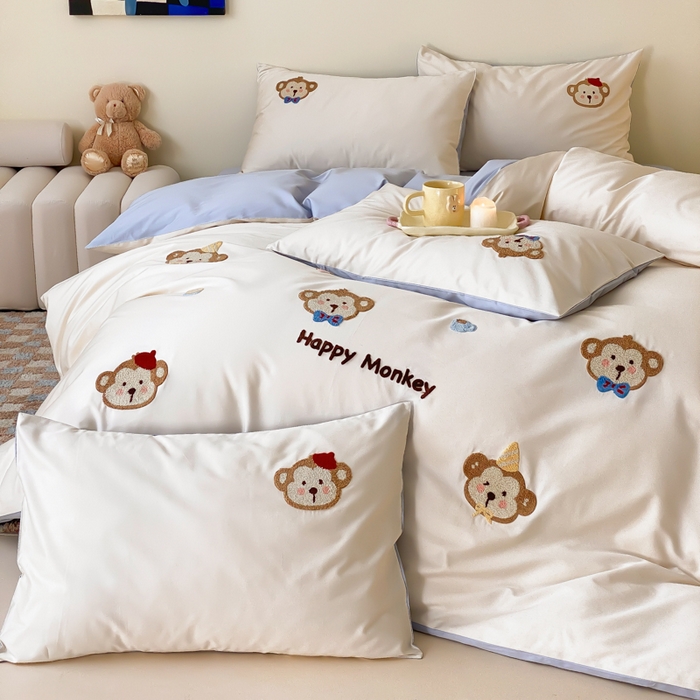 91家纺网 家纺一手货源 找家纺 云栖2025全棉刺绣纯色纯棉长绒棉四件套-乐萌系列 嘻嘻猴