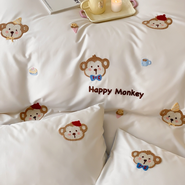 91家纺网 家纺一手货源 找家纺 云栖2025全棉刺绣纯色纯棉长绒棉四件套-乐萌系列 嘻嘻猴