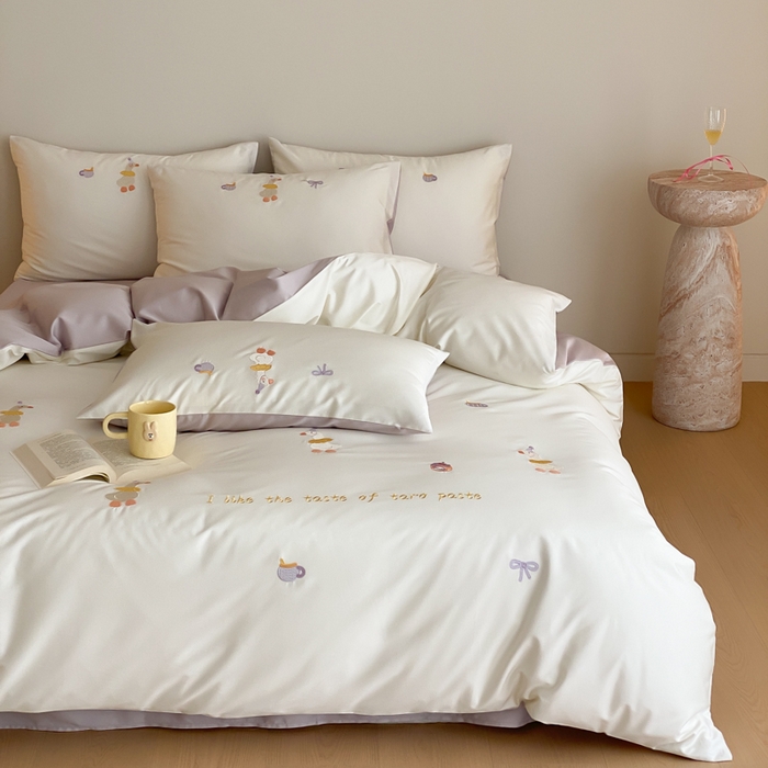 91家纺网 家纺一手货源 找家纺 云栖2025全棉刺绣纯色纯棉长绒棉四件套-乐萌系列 喜欢吖