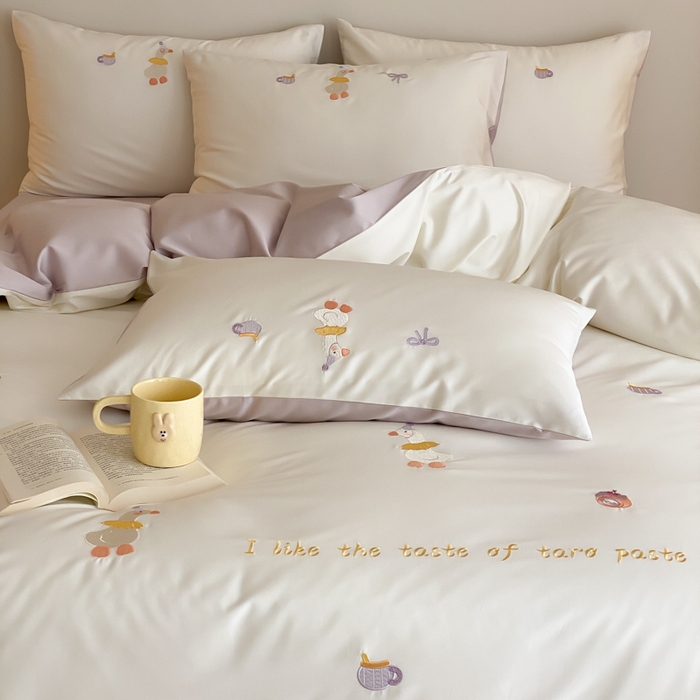 91家纺网 家纺一手货源 找家纺 云栖2025全棉刺绣纯色纯棉长绒棉四件套-乐萌系列 喜欢吖