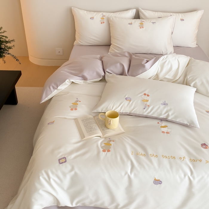 91家纺网 家纺一手货源 找家纺 云栖2025全棉刺绣纯色纯棉长绒棉四件套-乐萌系列 喜欢吖