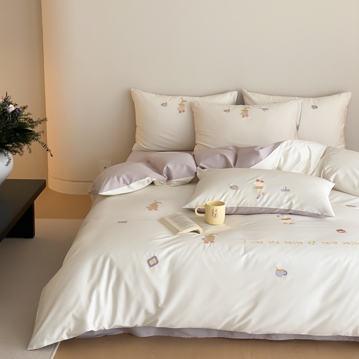 91家纺网 家纺一手货源 找家纺 云栖2025全棉刺绣纯色纯棉长绒棉四件套-乐萌系列 喜欢吖