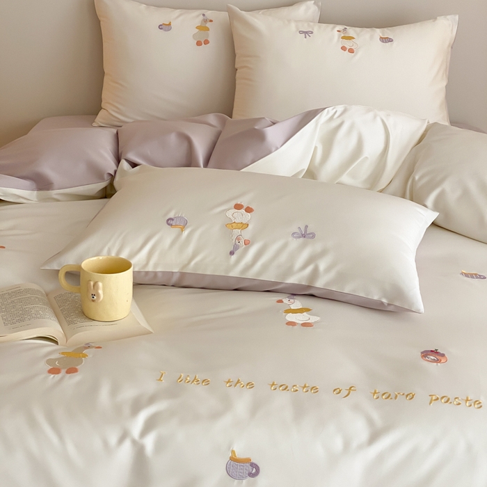 91家纺网 家纺一手货源 找家纺 云栖2025全棉刺绣纯色纯棉长绒棉四件套-乐萌系列 喜欢吖