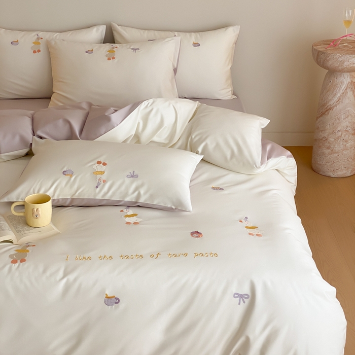 91家纺网 家纺一手货源 找家纺 云栖2025全棉刺绣纯色纯棉长绒棉四件套-乐萌系列 喜欢吖