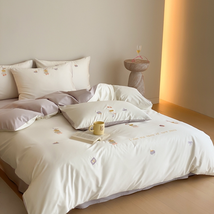 91家纺网 家纺一手货源 找家纺 云栖2025全棉刺绣纯色纯棉长绒棉四件套-乐萌系列 喜欢吖