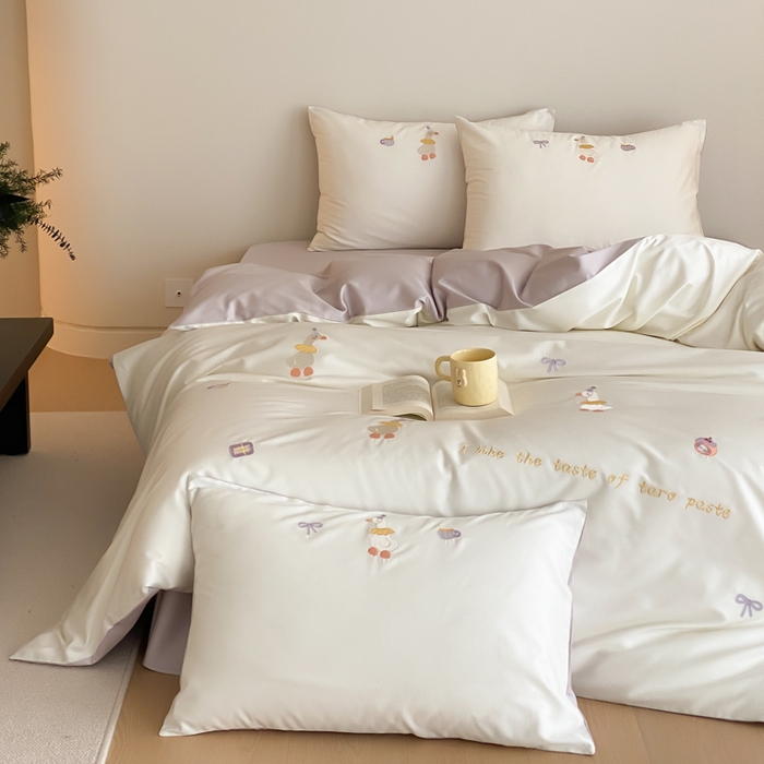 云栖2025全棉刺绣纯色纯棉长绒棉四件套-乐萌系列 喜欢吖