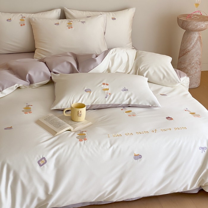 91家纺网 家纺一手货源 找家纺 云栖2025全棉刺绣纯色纯棉长绒棉四件套-乐萌系列 喜欢吖