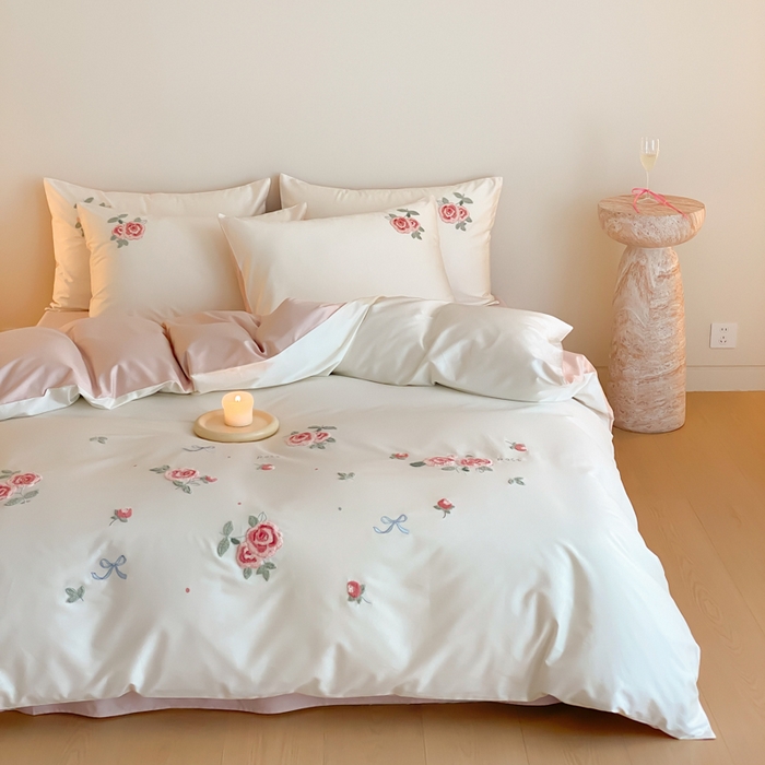 91家纺网 家纺一手货源 找家纺 云栖2025全棉刺绣纯色纯棉长绒棉四件套-乐萌系列 香馥玫瑰