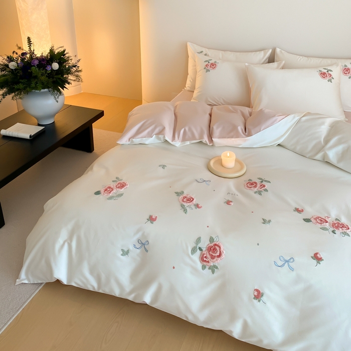 91家纺网 家纺一手货源 找家纺 云栖2025全棉刺绣纯色纯棉长绒棉四件套-乐萌系列 香馥玫瑰