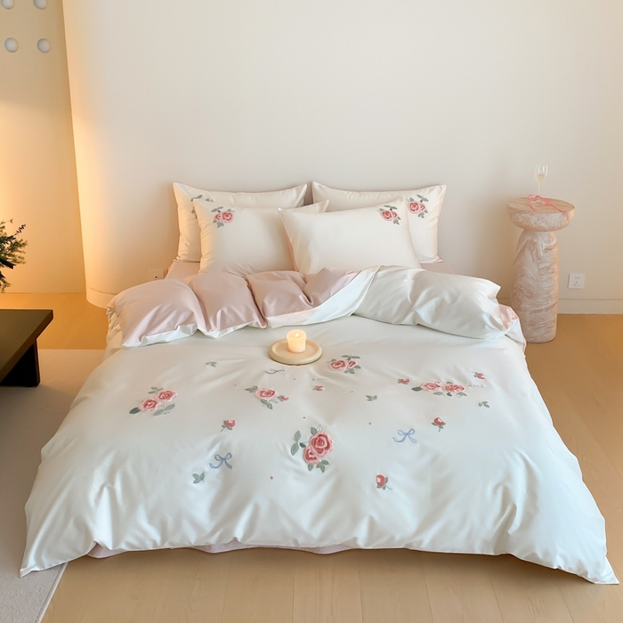 91家纺网 家纺一手货源 找家纺 云栖2025全棉刺绣纯色纯棉长绒棉四件套-乐萌系列 香馥玫瑰