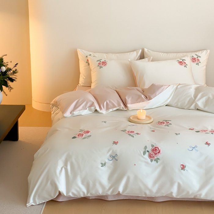 91家纺网 家纺一手货源 找家纺 云栖2025全棉刺绣纯色纯棉长绒棉四件套-乐萌系列 香馥玫瑰