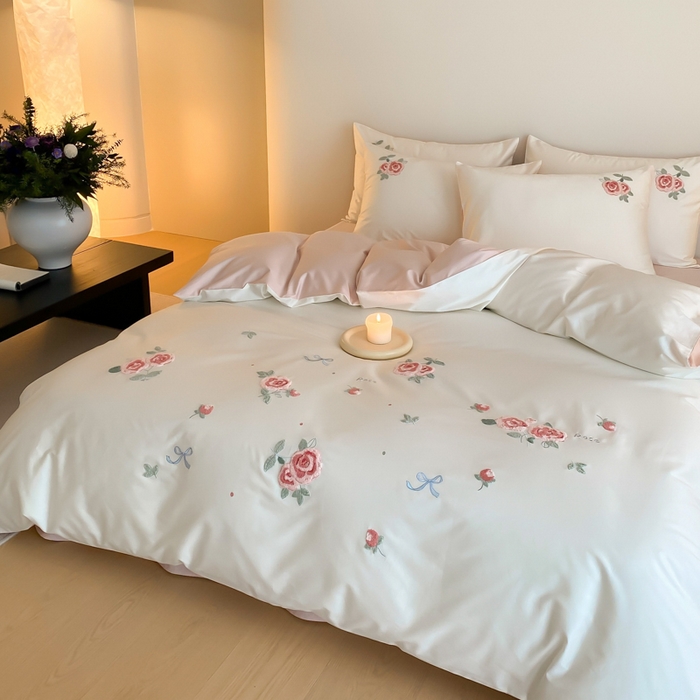 91家纺网 家纺一手货源 找家纺 云栖2025全棉刺绣纯色纯棉长绒棉四件套-乐萌系列 香馥玫瑰