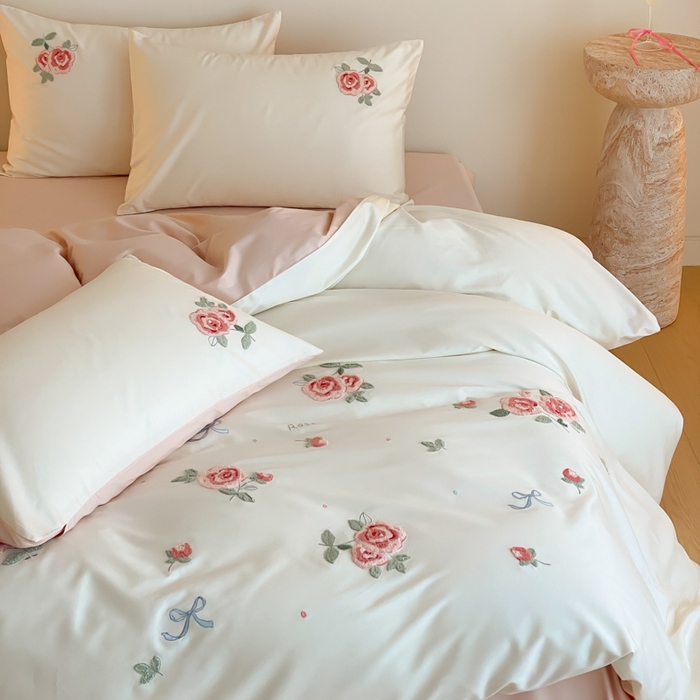 91家纺网 家纺一手货源 找家纺 云栖2025全棉刺绣纯色纯棉长绒棉四件套-乐萌系列 香馥玫瑰