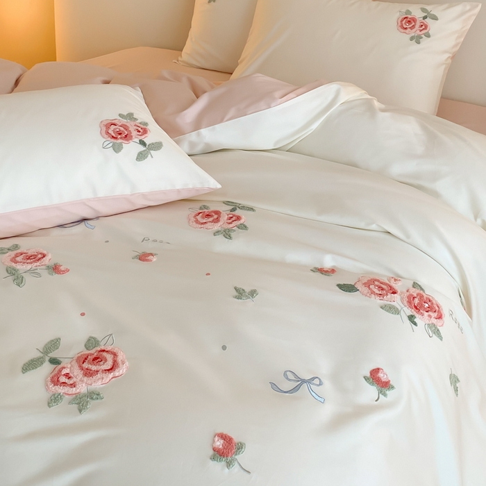 91家纺网 家纺一手货源 找家纺 云栖2025全棉刺绣纯色纯棉长绒棉四件套-乐萌系列 香馥玫瑰