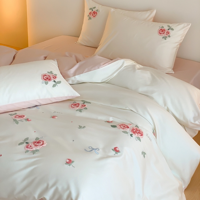 91家纺网 家纺一手货源 找家纺 云栖2025全棉刺绣纯色纯棉长绒棉四件套-乐萌系列 香馥玫瑰