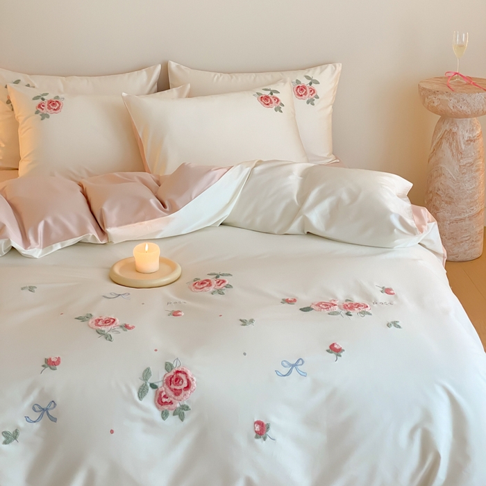 91家纺网 家纺一手货源 找家纺 云栖2025全棉刺绣纯色纯棉长绒棉四件套-乐萌系列 香馥玫瑰