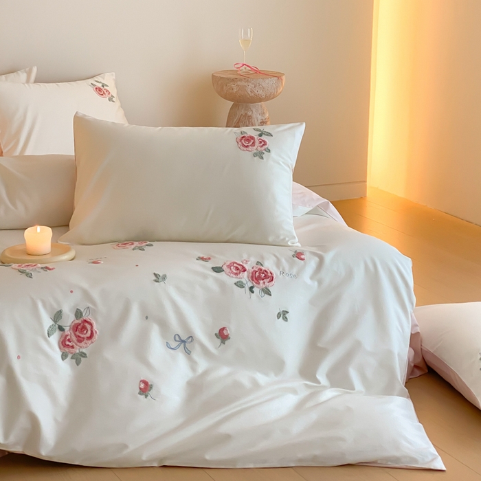 91家纺网 家纺一手货源 找家纺 云栖2025全棉刺绣纯色纯棉长绒棉四件套-乐萌系列 香馥玫瑰