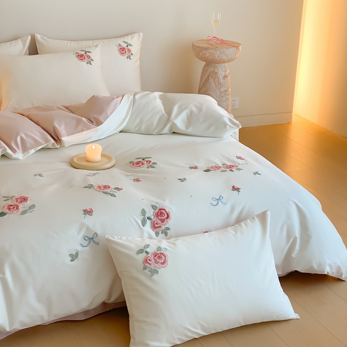 91家纺网 家纺一手货源 找家纺 云栖2025全棉刺绣纯色纯棉长绒棉四件套-乐萌系列 香馥玫瑰
